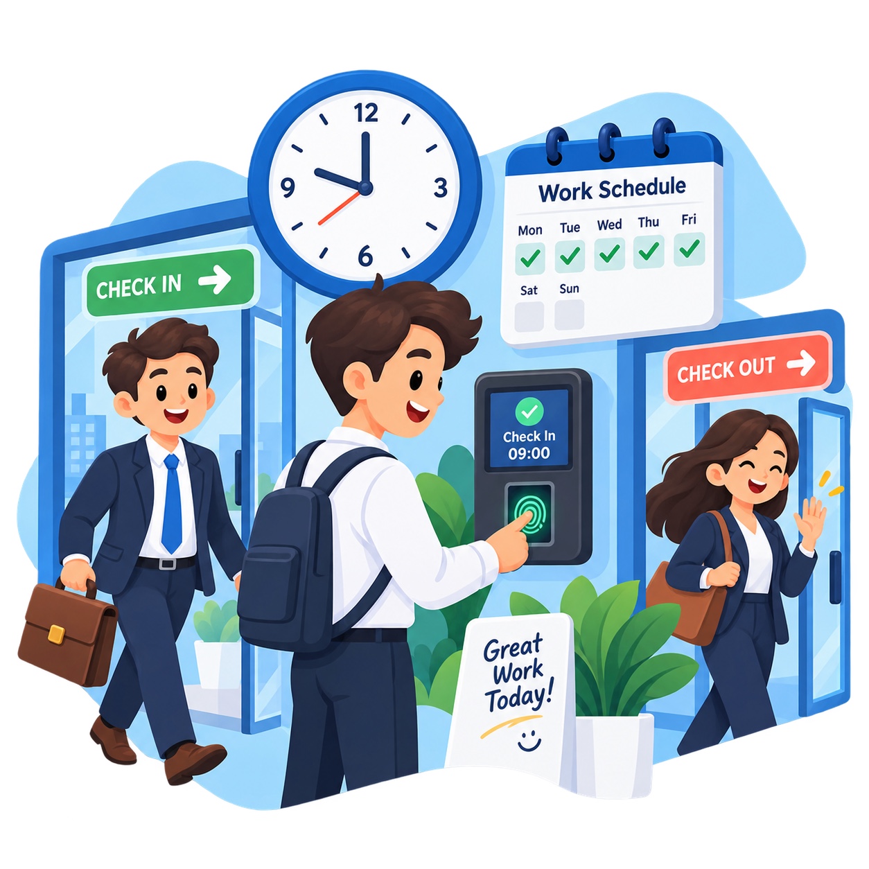 Employee check-in, check-out and work schedule illustration